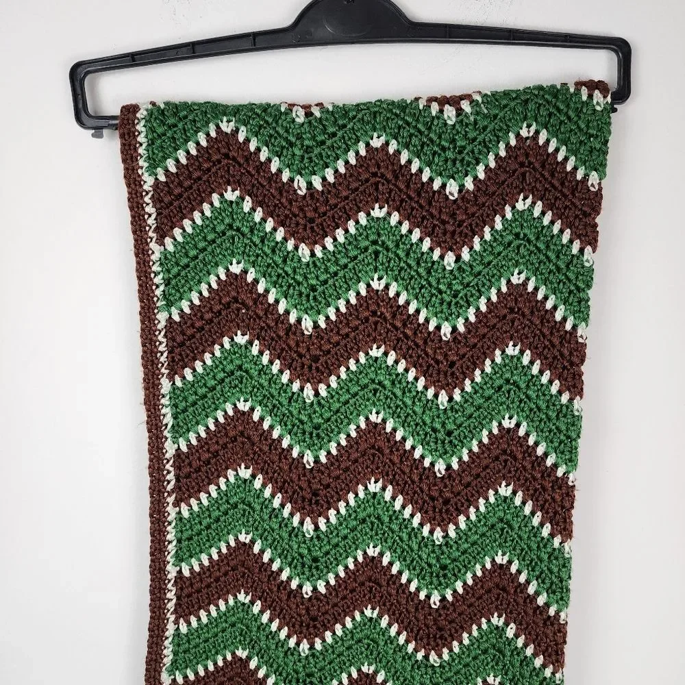 Handmade Crochet Throw Blanket Green Brown White Chevron Zigzag Scalloped Retro